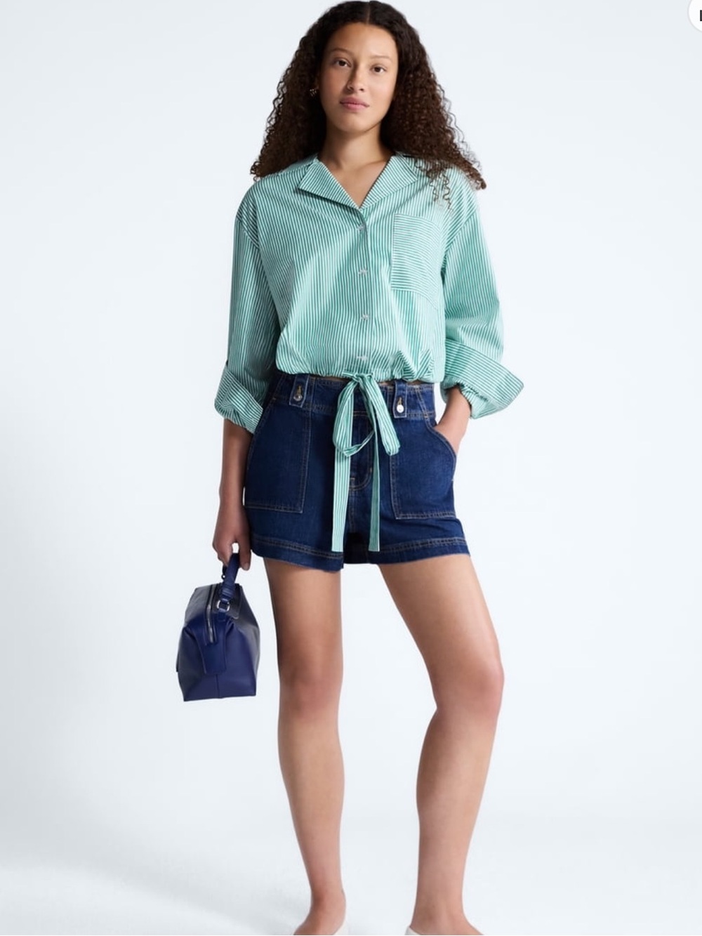 Free Assembly|Striped Tie-Waist Button Front Top